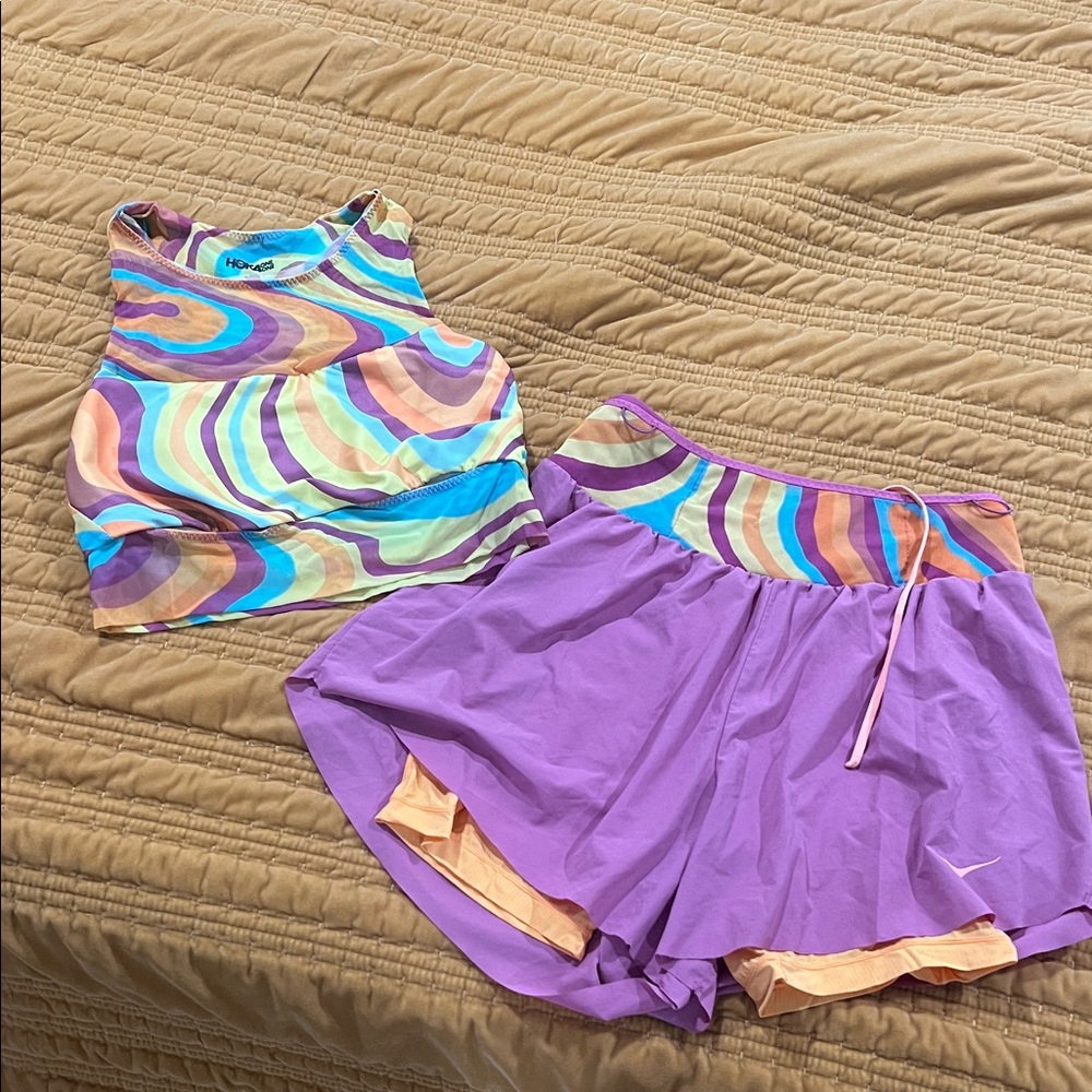 Hoka Multicolor Swirl Crop Top and Purple Shorts